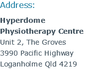 Address: Hyperdome Physiotherapy Centre Unit 2, The Groves 3990 Pacific Highway Loganholme Qld 4219