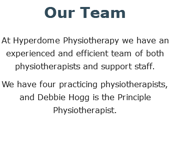 Our Team At Hyperdome Physiotherapy we have an experienced and efficient team of both physiotherapists and support staff. We have four practicing physiotherapists, and Debbie Hogg is the Principle Physiotherapist.