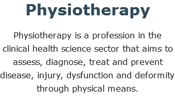 Physiotherapy Physiotherapy is a profession in the clinical health science sector that aims to assess, diagnose, treat and prevent disease, injury, dysfunction and deformity through physical means.