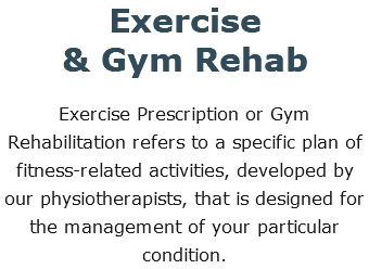 Exercise  & Gym Rehab Exercise Prescription or Gym Rehabilitation refers to a specific plan of fitness-related activities, developed by our physiotherapists, that is designed for the management of your particular condition.